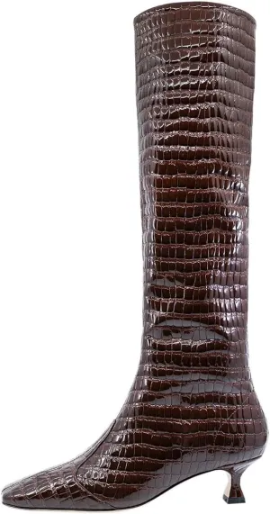 Pazzion Women's Crocodile Print Square Toe Knee High Boots Kitten Low Heel Wide Calf Pull On Tall Booties Chic Outdoor Dress Shoes Size 4-16 US