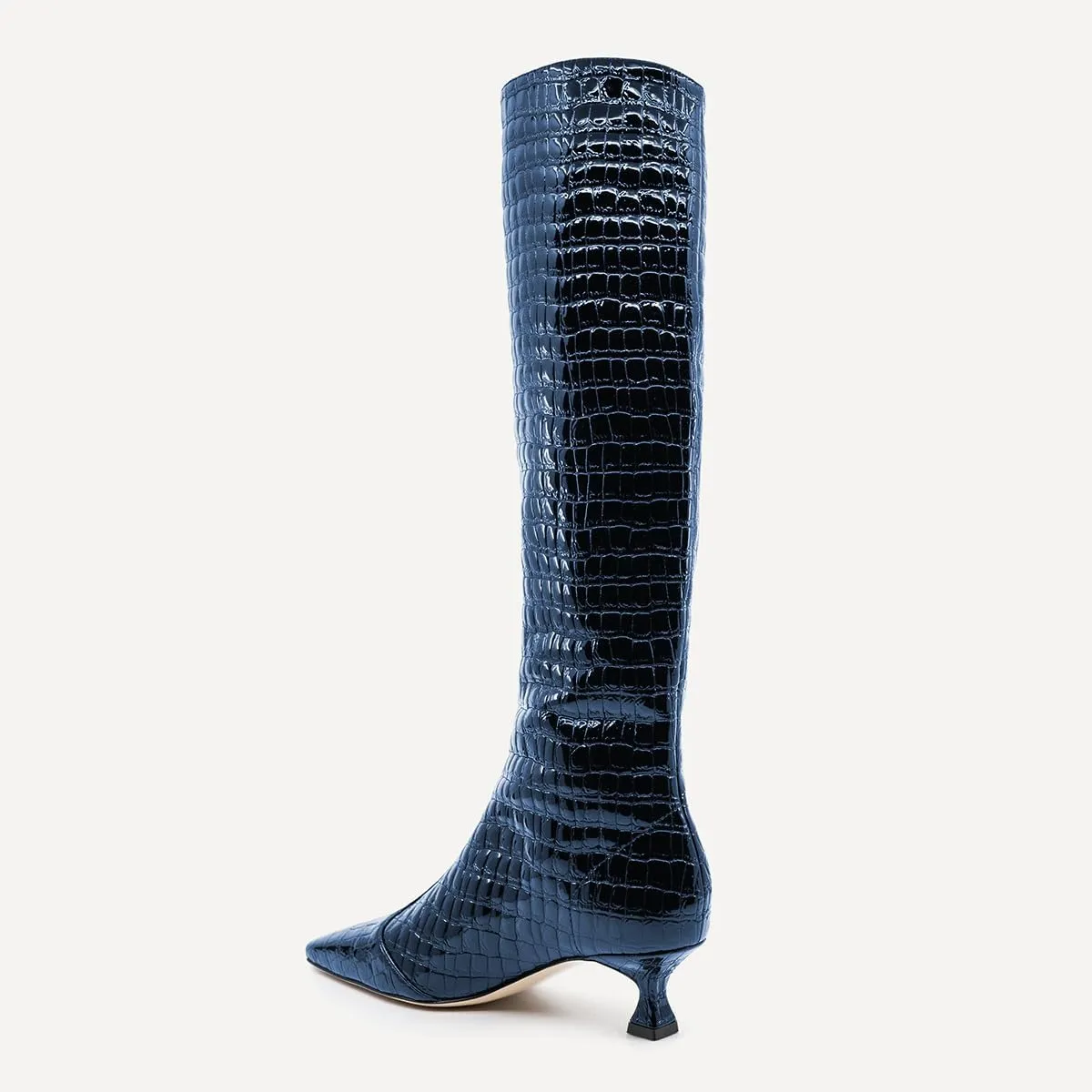 Pazzion Women's Crocodile Print Square Toe Knee High Boots Kitten Low Heel Wide Calf Pull On Tall Booties Chic Outdoor Dress Shoes Size 4-16 US