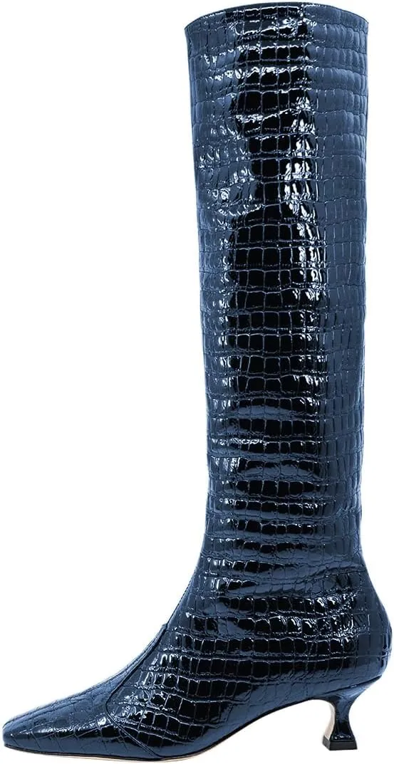 Pazzion Women's Crocodile Print Square Toe Knee High Boots Kitten Low Heel Wide Calf Pull On Tall Booties Chic Outdoor Dress Shoes Size 4-16 US