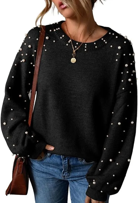 Pearl Sweater for Women Lantern Sleeve Drop Shoulder Crewneck Sweatshirt Knit Chunky Pullover Sweaters with Pearls