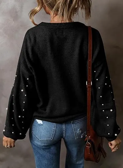 Pearl Sweater for Women Lantern Sleeve Drop Shoulder Crewneck Sweatshirt Knit Chunky Pullover Sweaters with Pearls