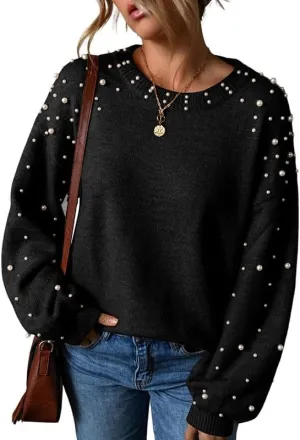 Pearl Sweater for Women Lantern Sleeve Drop Shoulder Crewneck Sweatshirt Knit Chunky Pullover Sweaters with Pearls