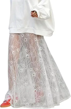 Perbai Women's Sexy Sheer Lace Skirt High Waisted Floral Embroidered Ruffled A Line Long Maxi Beach Skirts