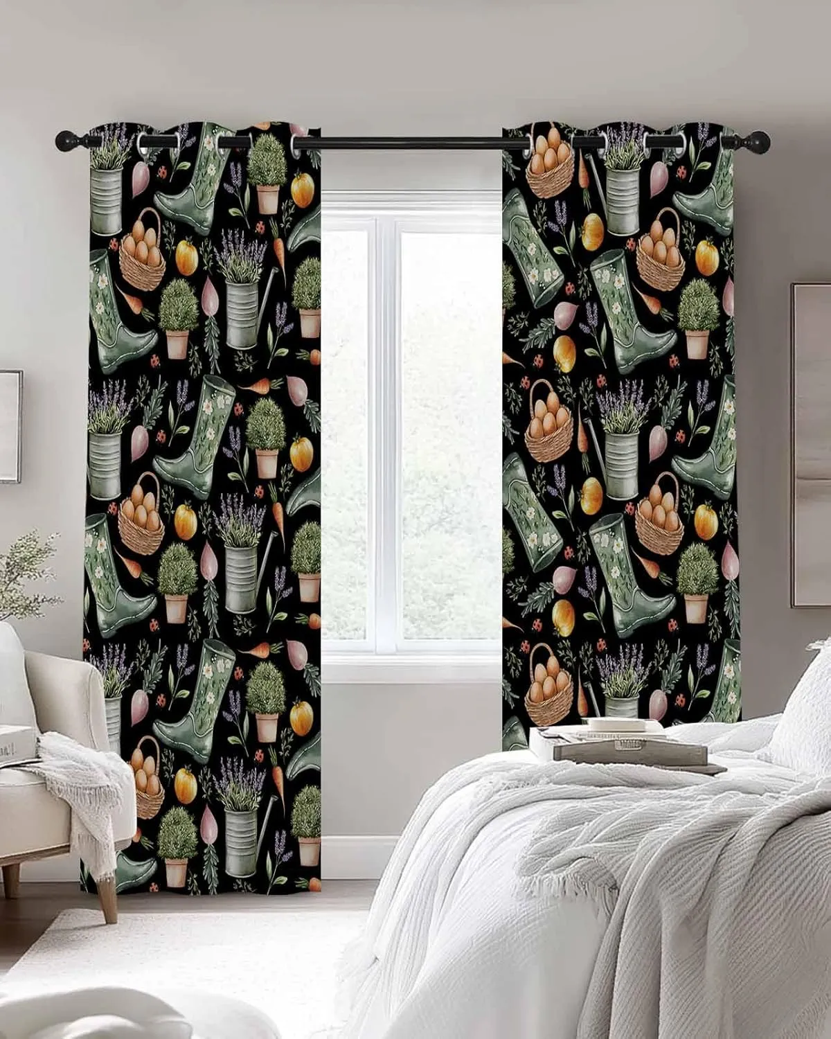 Plant Boots Blackout Curtains 45 Inch Length,Bedroom Kitchen Living Room Darkening Grommet Curtains & Drapes,Green Botanical Summer Lavender Black Country Thermal Insulated Small Drapery 84Wx45L