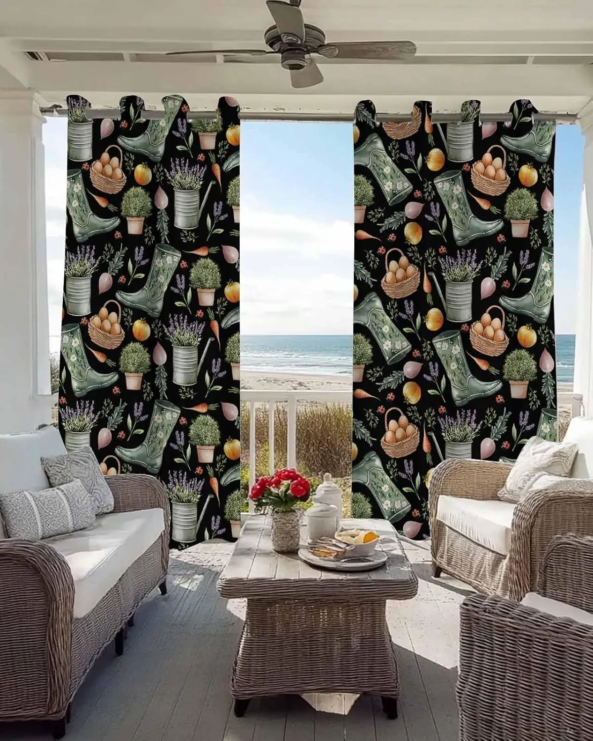 Plant Boots Blackout Curtains 45 Inch Length,Bedroom Kitchen Living Room Darkening Grommet Curtains & Drapes,Green Botanical Summer Lavender Black Country Thermal Insulated Small Drapery 84Wx45L