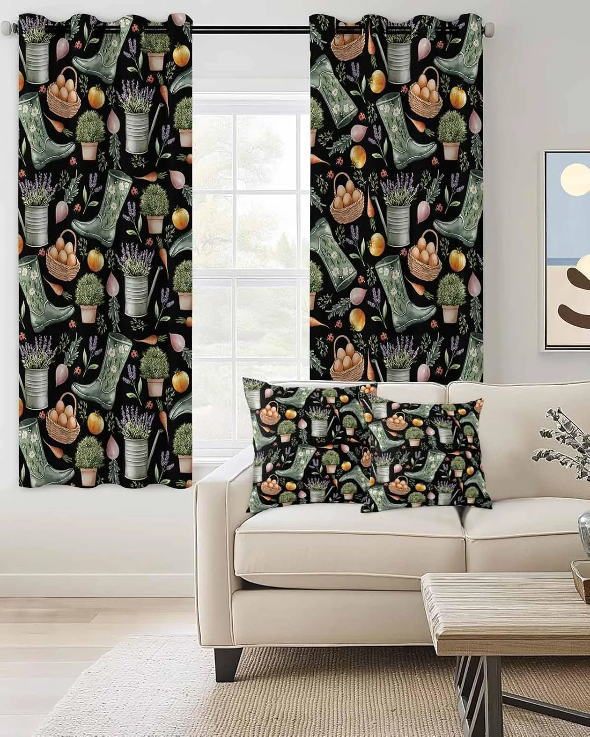 Plant Boots Blackout Curtains 45 Inch Length,Bedroom Kitchen Living Room Darkening Grommet Curtains & Drapes,Green Botanical Summer Lavender Black Country Thermal Insulated Small Drapery 84Wx45L