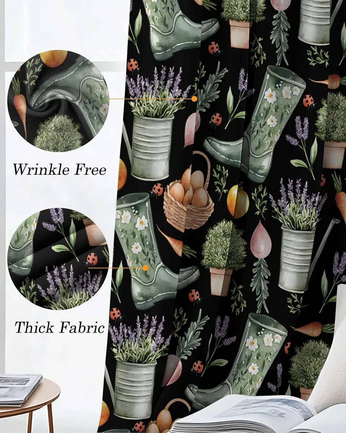 Plant Boots Blackout Curtains 45 Inch Length,Bedroom Kitchen Living Room Darkening Grommet Curtains & Drapes,Green Botanical Summer Lavender Black Country Thermal Insulated Small Drapery 84Wx45L