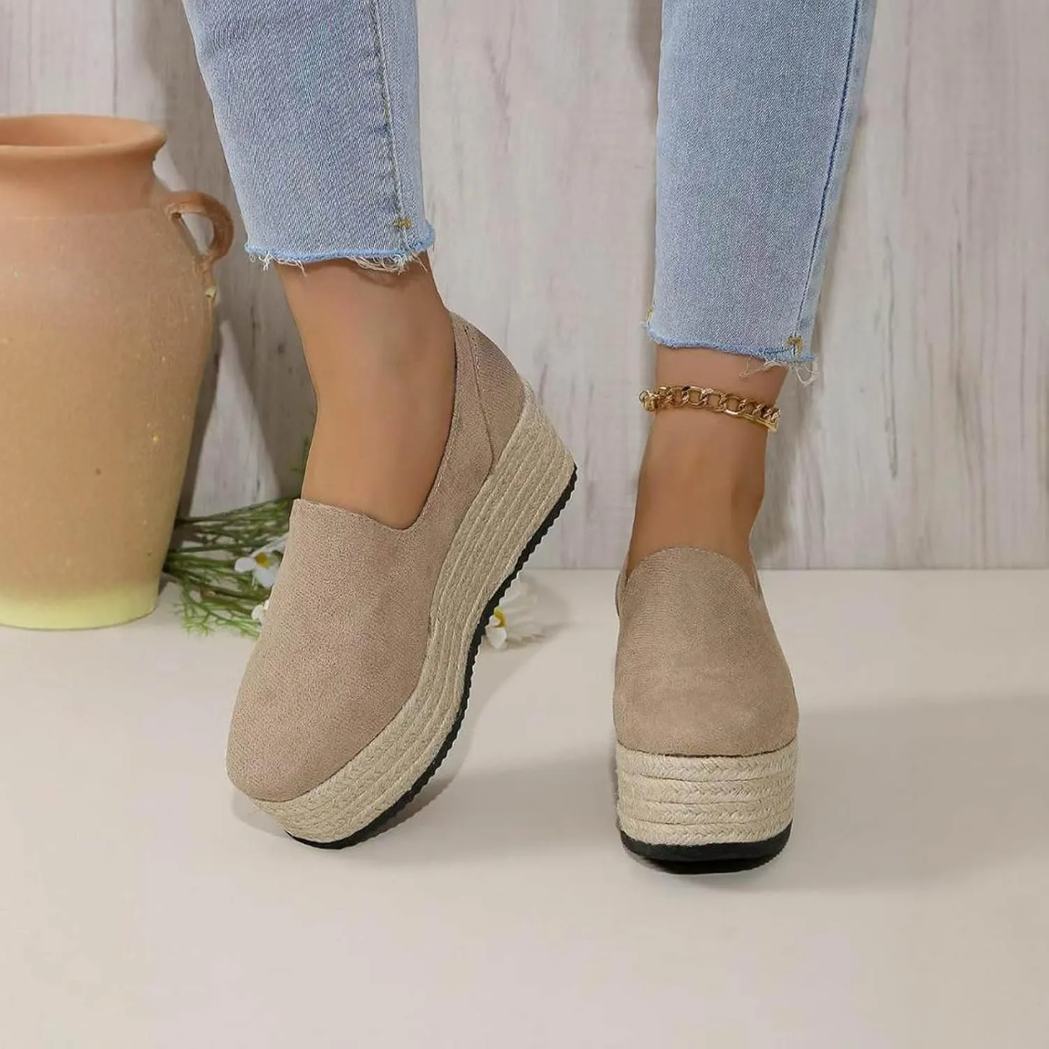 Platform Slip on Shoes for Women Fashion Linen Wide Low Top Shoe Casual Sneakers Workout Party Dressy Sneaker