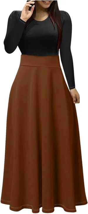 Plus Size Formal Dresses for Women Elegant Long Sleeve Color Block Elastic Waist Maxi Dress Causal Slim Ruffle Dress