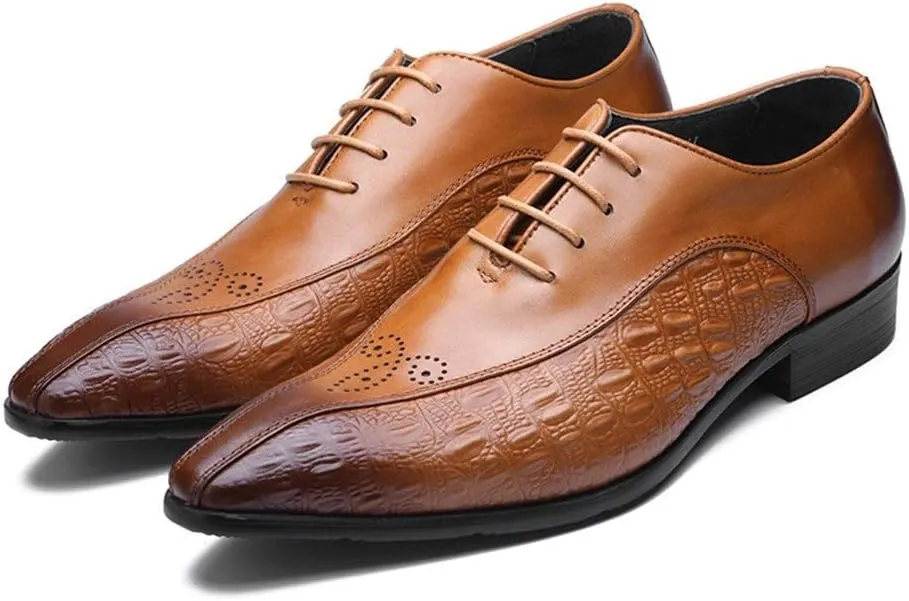 Pointed Toe Oxford for Men Shoes Lace Up StyleGenuine Leather Carving Retro Solid Colors Low Top Flats Block Heel