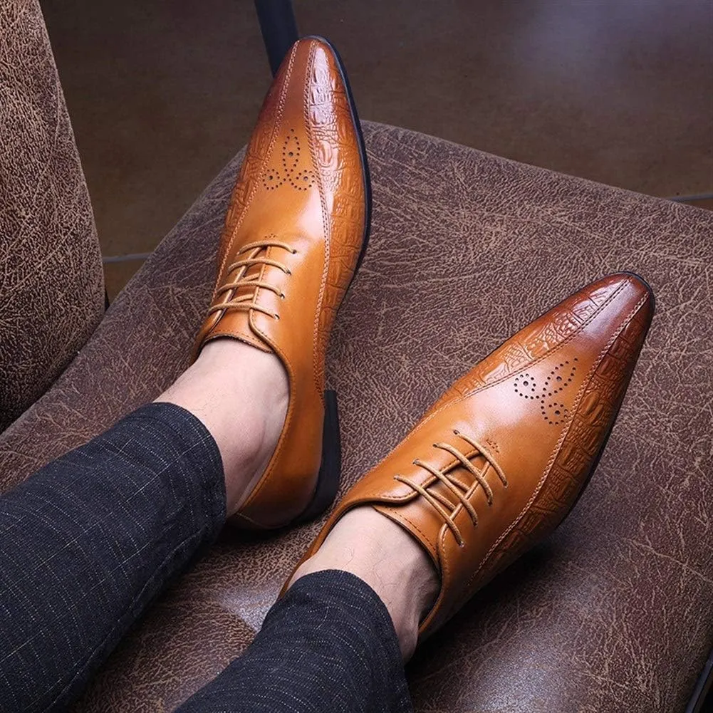 Pointed Toe Oxford for Men Shoes Lace Up StyleGenuine Leather Carving Retro Solid Colors Low Top Flats Block Heel