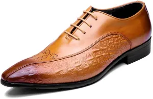 Pointed Toe Oxford for Men Shoes Lace Up StyleGenuine Leather Carving Retro Solid Colors Low Top Flats Block Heel