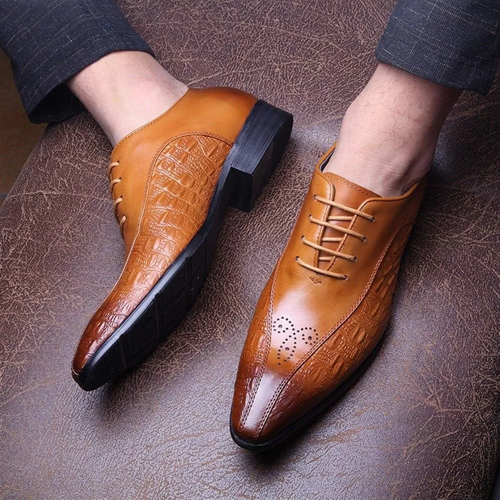 Pointed Toe Oxford for Men Shoes Lace Up StyleGenuine Leather Carving Retro Solid Colors Low Top Flats Block Heel