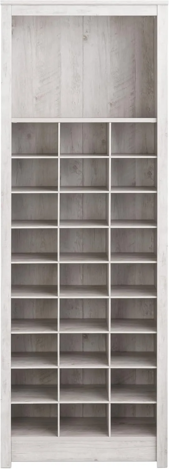 Prepac Rustic Ridge 72.5" Tall Entryway Shoe Cabinet, Wood Storage Cabinet with 27 Shoe Cubbies and 16" Tall Open Shelf for Boots or Bags, Storage Cubby for Hallway Organization, Washed White