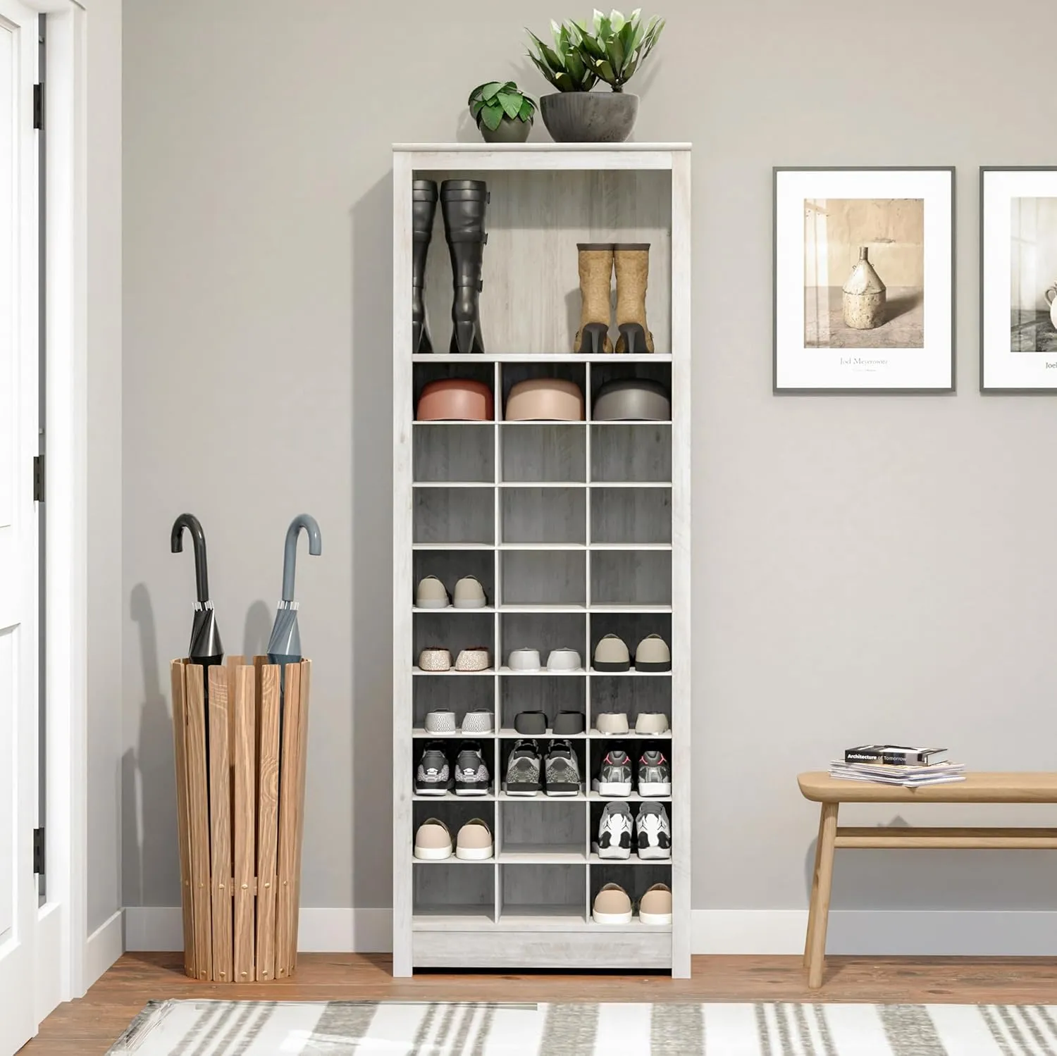 Prepac Rustic Ridge 72.5" Tall Entryway Shoe Cabinet, Wood Storage Cabinet with 27 Shoe Cubbies and 16" Tall Open Shelf for Boots or Bags, Storage Cubby for Hallway Organization, Washed White