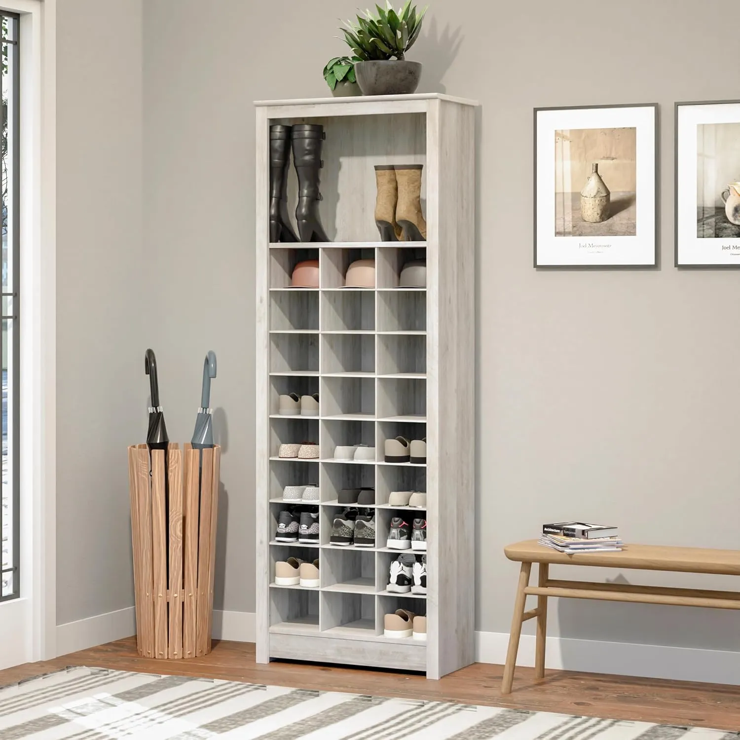 Prepac Rustic Ridge 72.5" Tall Entryway Shoe Cabinet, Wood Storage Cabinet with 27 Shoe Cubbies and 16" Tall Open Shelf for Boots or Bags, Storage Cubby for Hallway Organization, Washed White