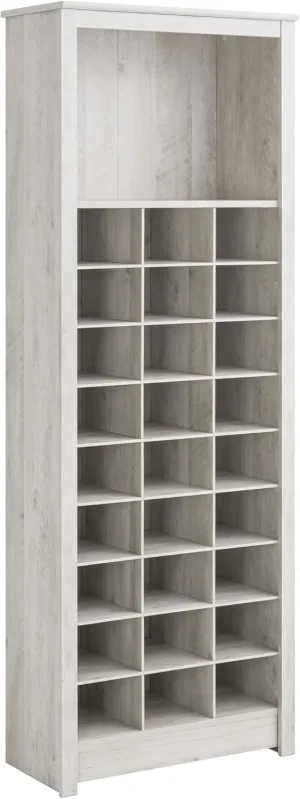 Prepac Rustic Ridge 72.5" Tall Entryway Shoe Cabinet, Wood Storage Cabinet with 27 Shoe Cubbies and 16" Tall Open Shelf for Boots or Bags, Storage Cubby for Hallway Organization, Washed White