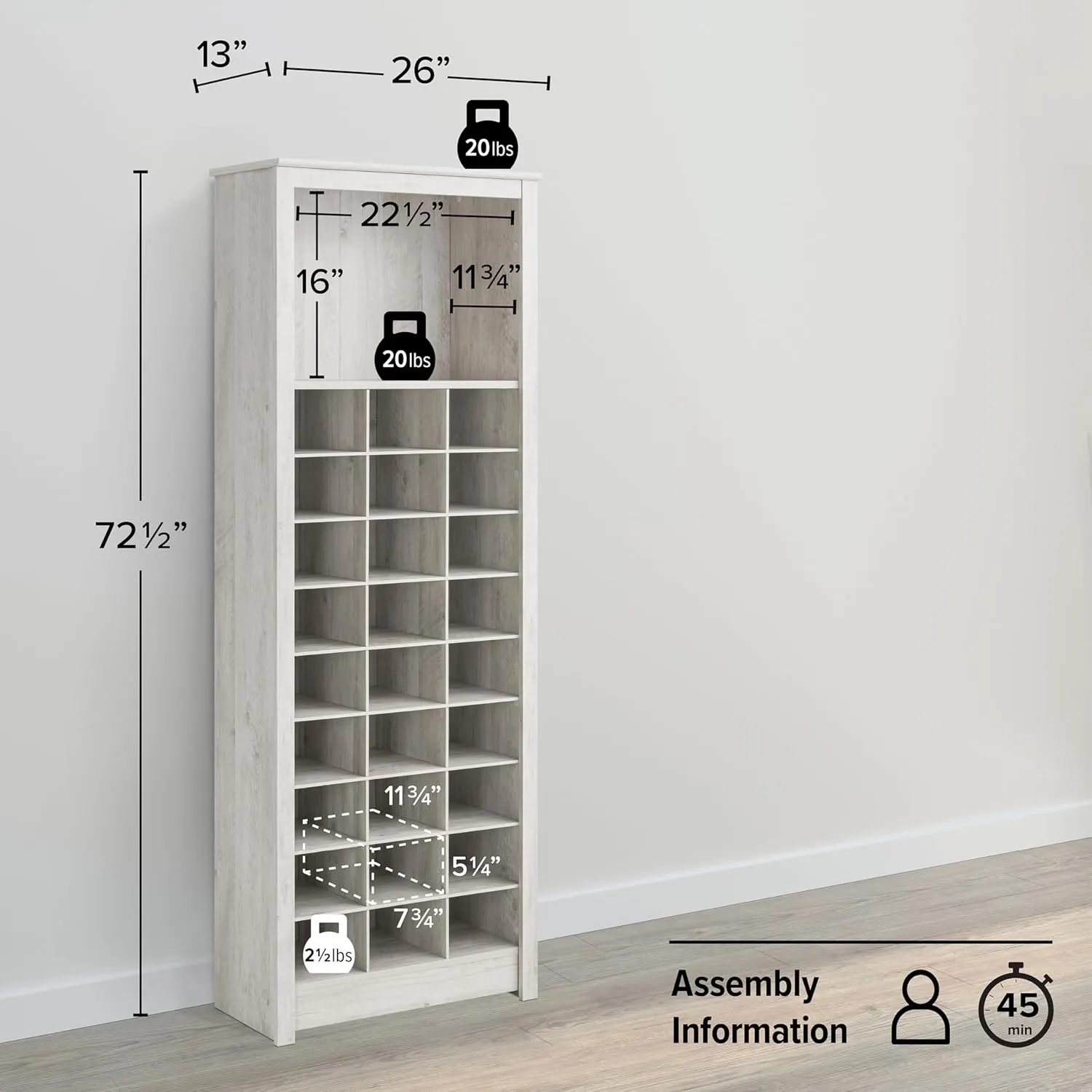 Prepac Rustic Ridge 72.5" Tall Entryway Shoe Cabinet, Wood Storage Cabinet with 27 Shoe Cubbies and 16" Tall Open Shelf for Boots or Bags, Storage Cubby for Hallway Organization, Washed White