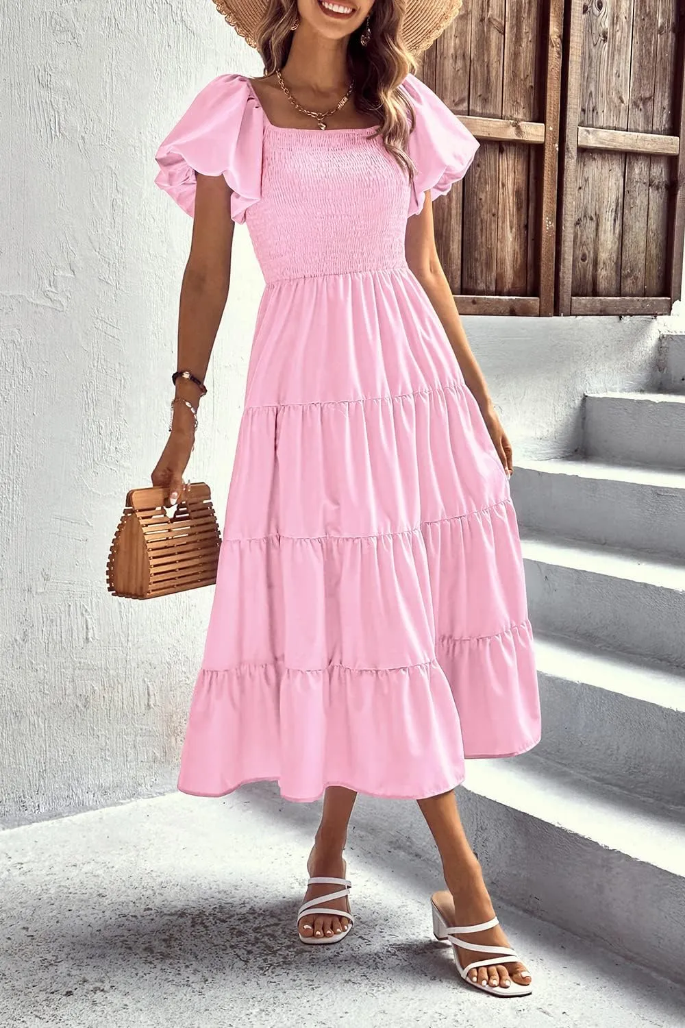 PRETTYGARDEN Women's 2025 Summer Casual Midi Dress Puffy Short Sleeve Square Neck Smocked Tiered Ruffle Dresses