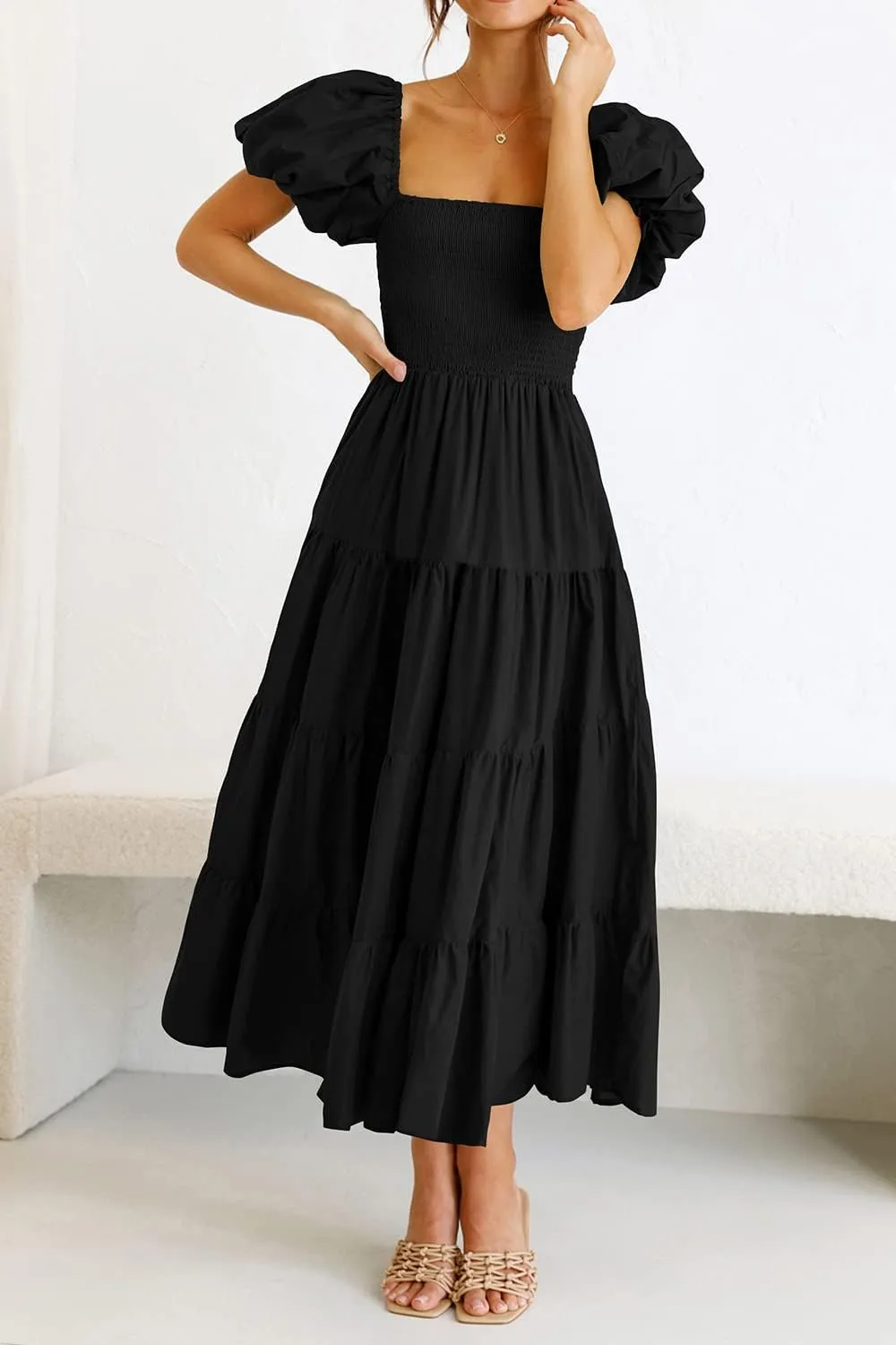 PRETTYGARDEN Women's 2025 Summer Casual Midi Dress Puffy Short Sleeve Square Neck Smocked Tiered Ruffle Dresses