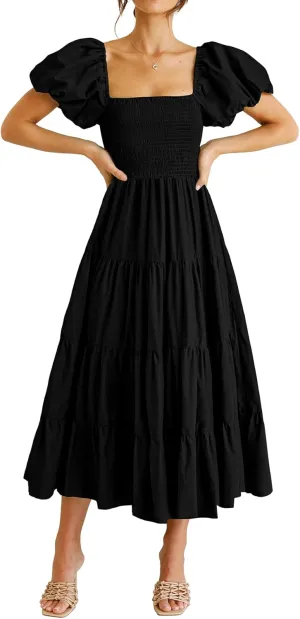 PRETTYGARDEN Women's 2025 Summer Casual Midi Dress Puffy Short Sleeve Square Neck Smocked Tiered Ruffle Dresses