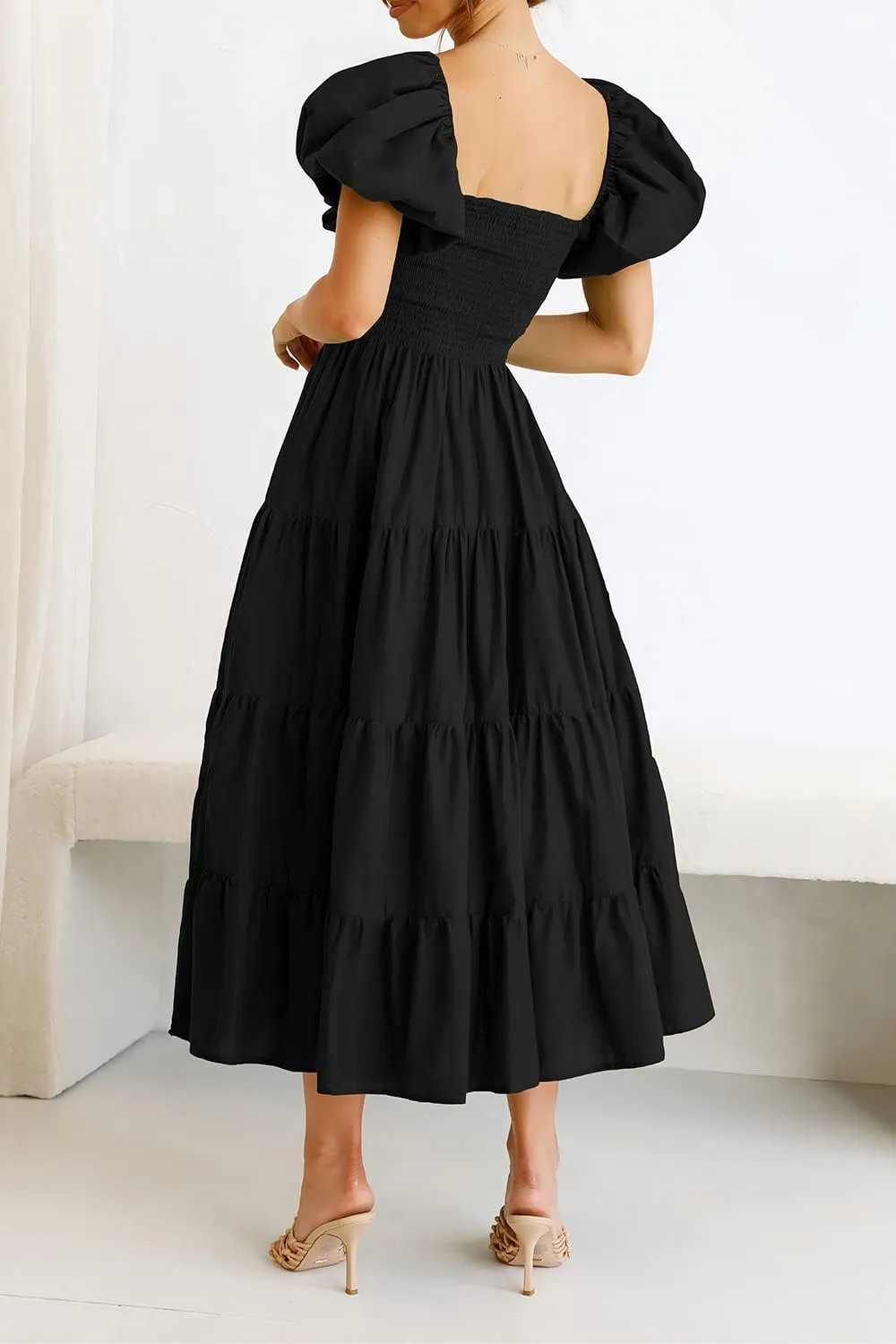 PRETTYGARDEN Women's 2025 Summer Casual Midi Dress Puffy Short Sleeve Square Neck Smocked Tiered Ruffle Dresses