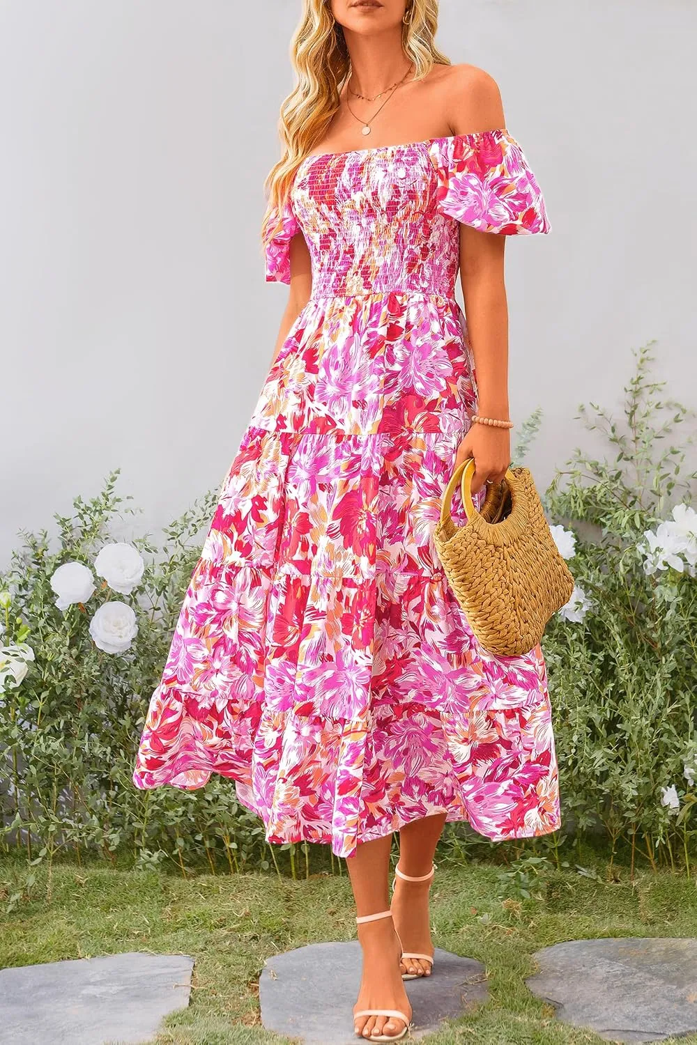 PRETTYGARDEN Women's 2025 Summer Casual Midi Dress Puffy Short Sleeve Square Neck Smocked Tiered Ruffle Dresses
