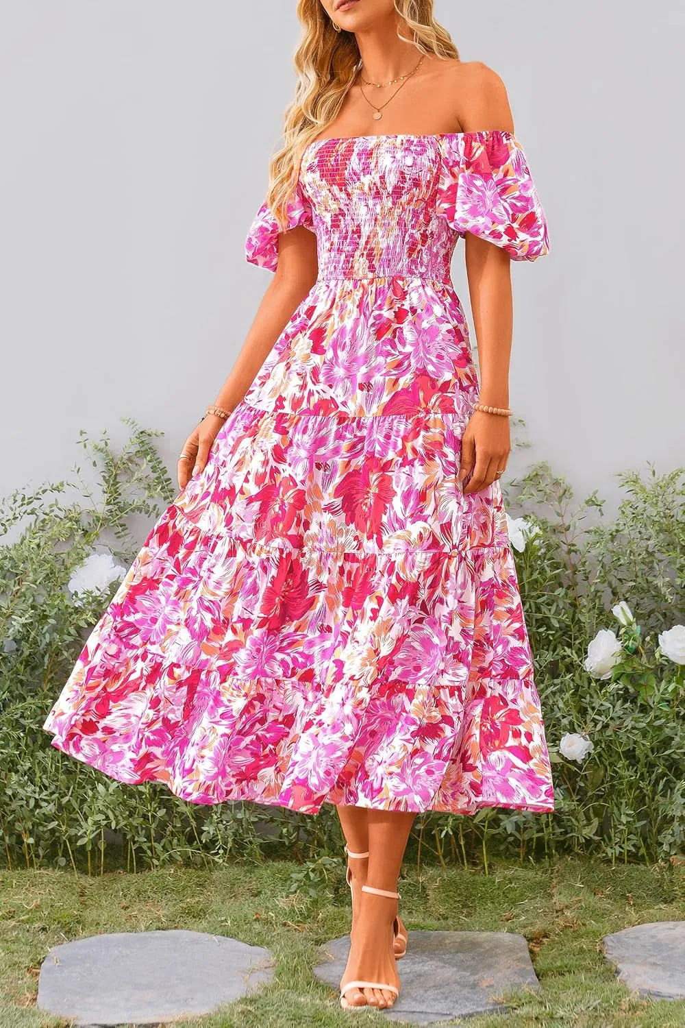 PRETTYGARDEN Women's 2025 Summer Casual Midi Dress Puffy Short Sleeve Square Neck Smocked Tiered Ruffle Dresses