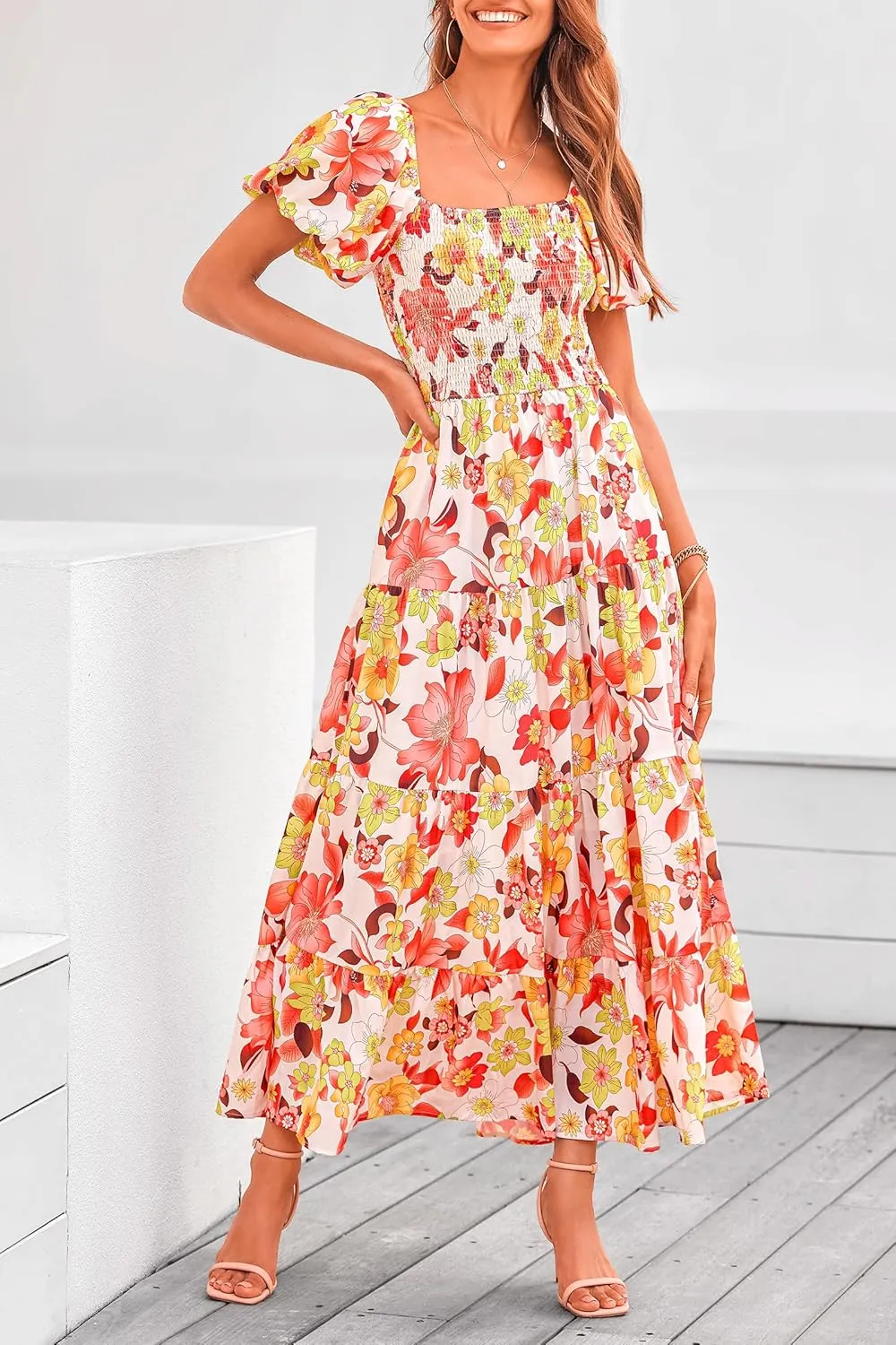 PRETTYGARDEN Women's 2025 Summer Casual Midi Dress Puffy Short Sleeve Square Neck Smocked Tiered Ruffle Dresses