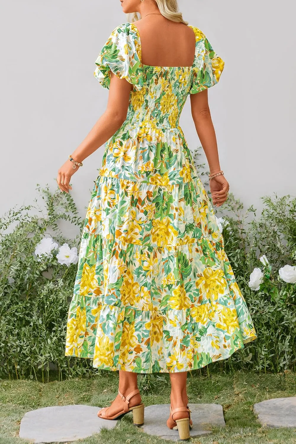 PRETTYGARDEN Women's 2025 Summer Casual Midi Dress Puffy Short Sleeve Square Neck Smocked Tiered Ruffle Dresses
