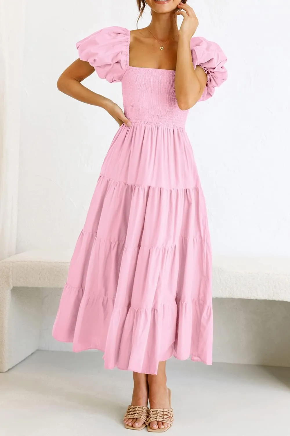 PRETTYGARDEN Women's 2025 Summer Casual Midi Dress Puffy Short Sleeve Square Neck Smocked Tiered Ruffle Dresses