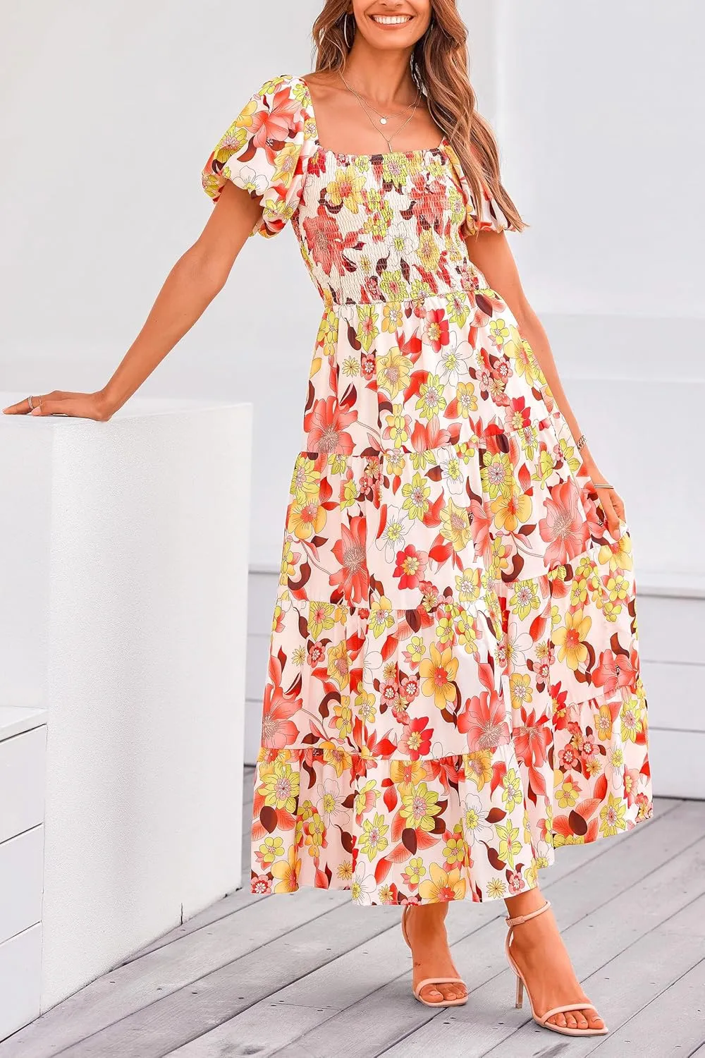 PRETTYGARDEN Women's 2025 Summer Casual Midi Dress Puffy Short Sleeve Square Neck Smocked Tiered Ruffle Dresses