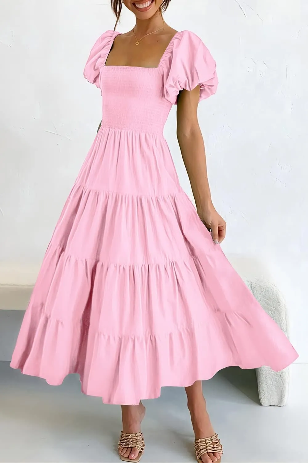 PRETTYGARDEN Women's 2025 Summer Casual Midi Dress Puffy Short Sleeve Square Neck Smocked Tiered Ruffle Dresses