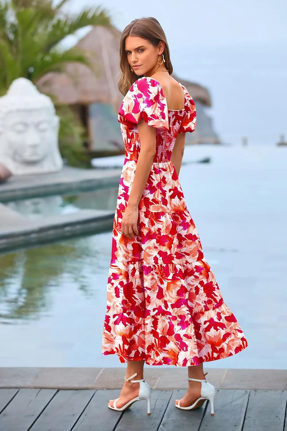 PRETTYGARDEN Women's 2025 Summer Casual Midi Dress Puffy Short Sleeve Square Neck Smocked Tiered Ruffle Dresses