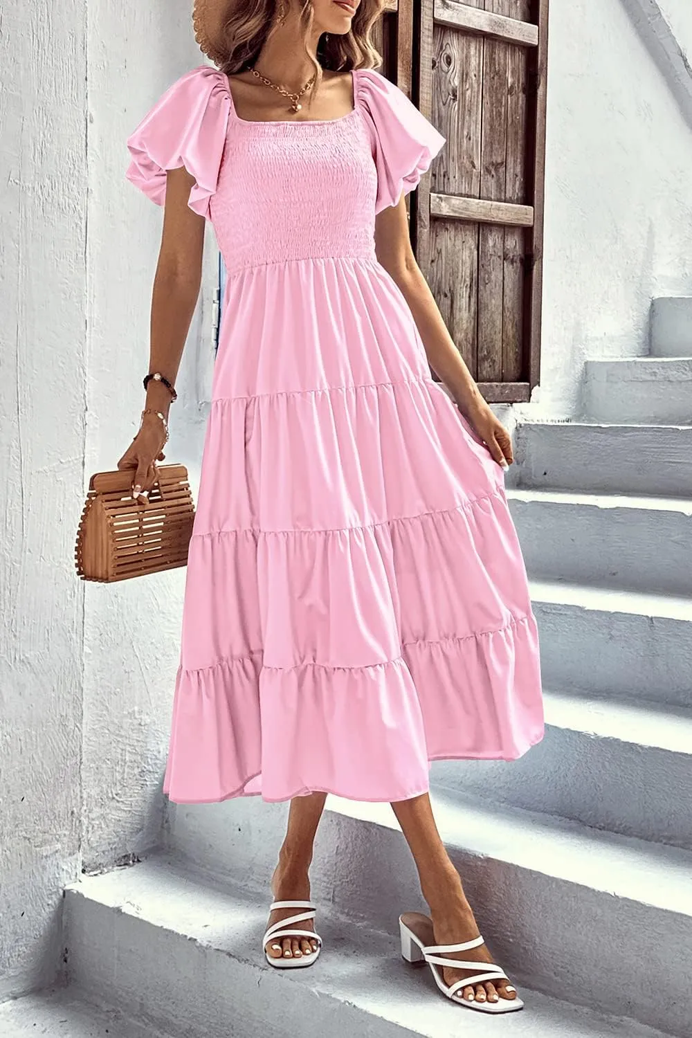 PRETTYGARDEN Women's 2025 Summer Casual Midi Dress Puffy Short Sleeve Square Neck Smocked Tiered Ruffle Dresses