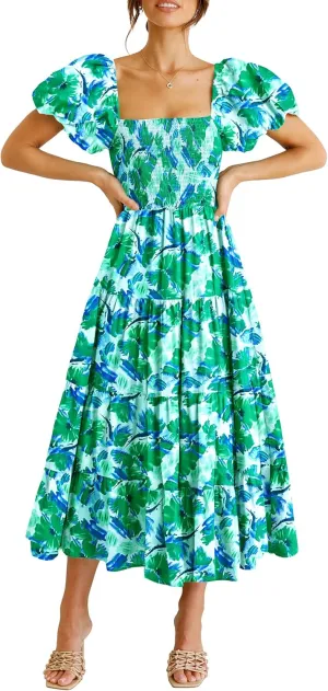 PRETTYGARDEN Women's 2025 Summer Casual Midi Dress Puffy Short Sleeve Square Neck Smocked Tiered Ruffle Dresses