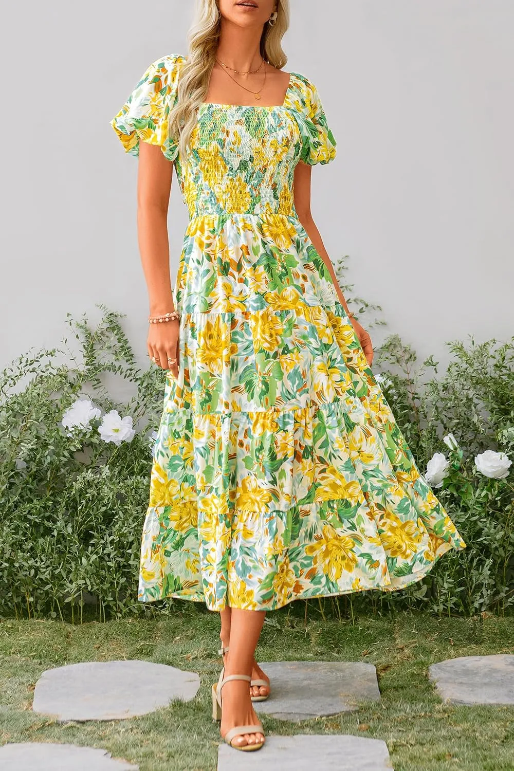 PRETTYGARDEN Women's 2025 Summer Casual Midi Dress Puffy Short Sleeve Square Neck Smocked Tiered Ruffle Dresses