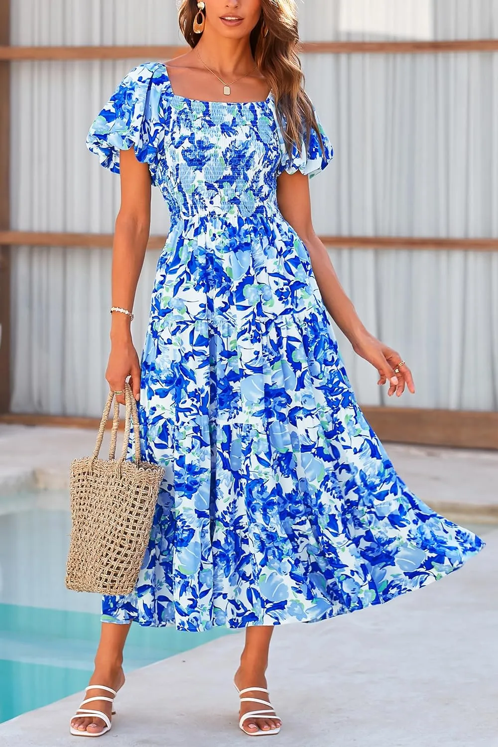 PRETTYGARDEN Women's 2025 Summer Casual Midi Dress Puffy Short Sleeve Square Neck Smocked Tiered Ruffle Dresses