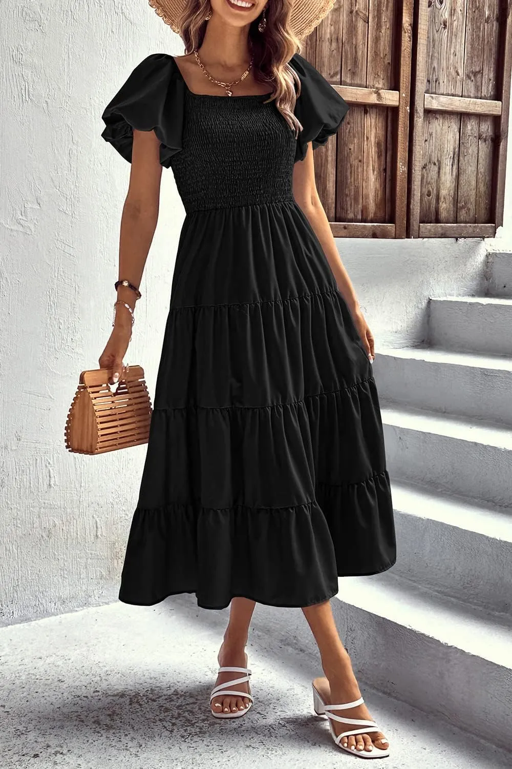 PRETTYGARDEN Women's 2025 Summer Casual Midi Dress Puffy Short Sleeve Square Neck Smocked Tiered Ruffle Dresses