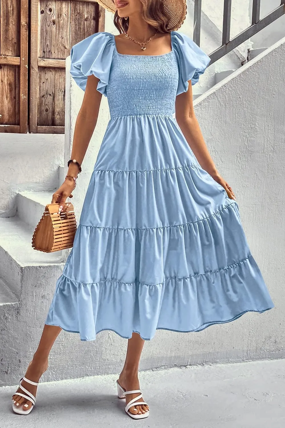 PRETTYGARDEN Women's 2025 Summer Casual Midi Dress Puffy Short Sleeve Square Neck Smocked Tiered Ruffle Dresses