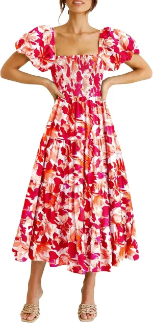 PRETTYGARDEN Women's 2025 Summer Casual Midi Dress Puffy Short Sleeve Square Neck Smocked Tiered Ruffle Dresses