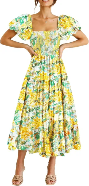 PRETTYGARDEN Women's 2025 Summer Casual Midi Dress Puffy Short Sleeve Square Neck Smocked Tiered Ruffle Dresses