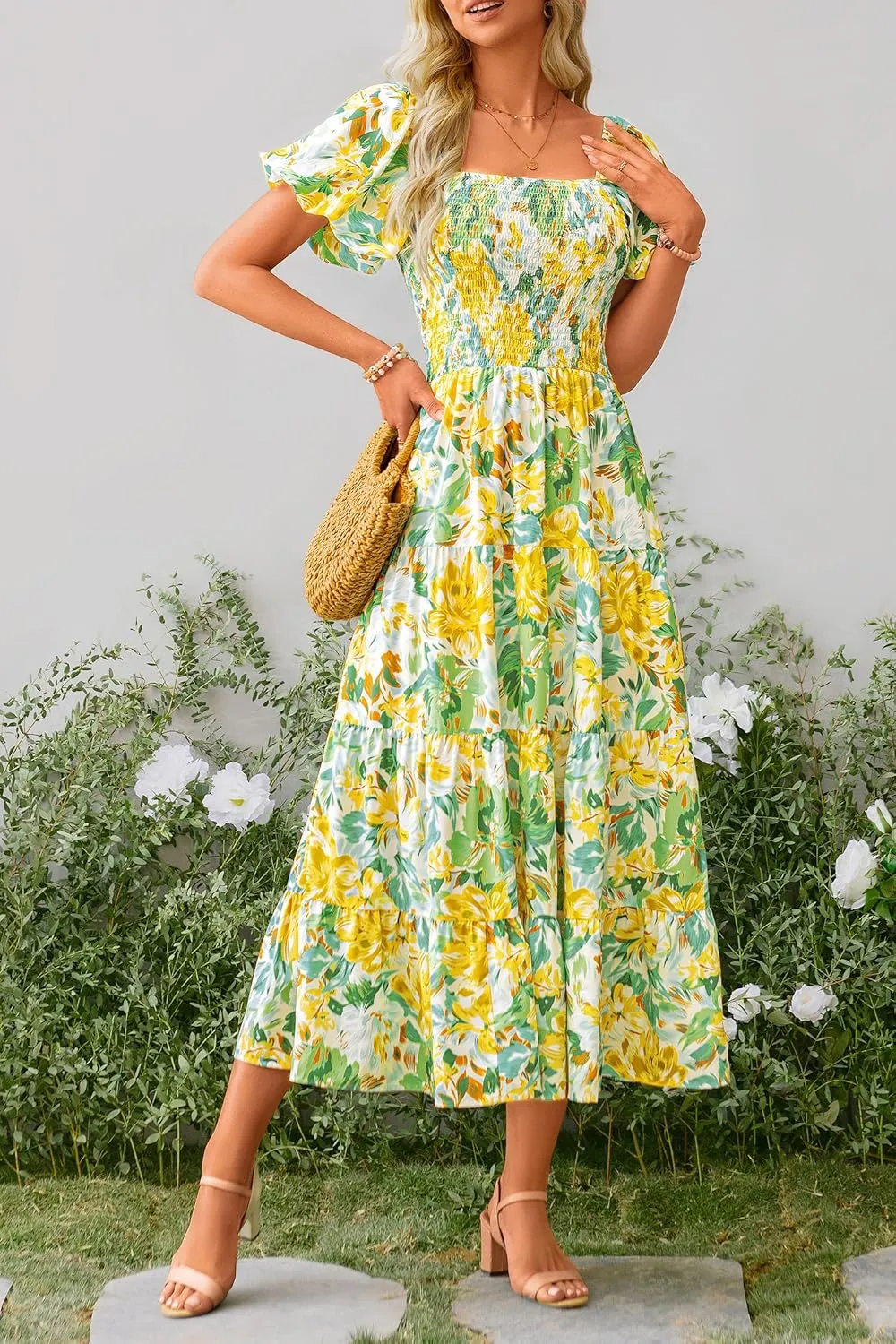 PRETTYGARDEN Women's 2025 Summer Casual Midi Dress Puffy Short Sleeve Square Neck Smocked Tiered Ruffle Dresses