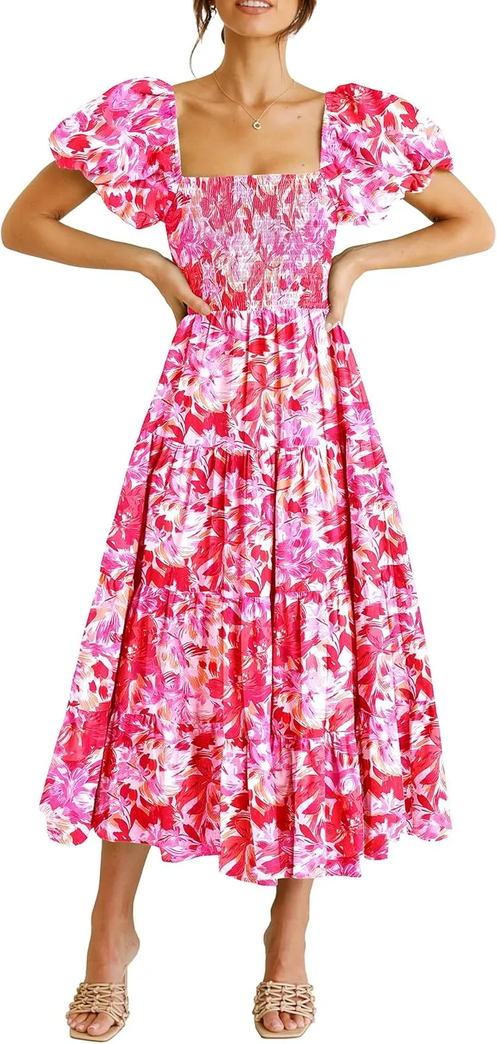 PRETTYGARDEN Women's 2025 Summer Casual Midi Dress Puffy Short Sleeve Square Neck Smocked Tiered Ruffle Dresses