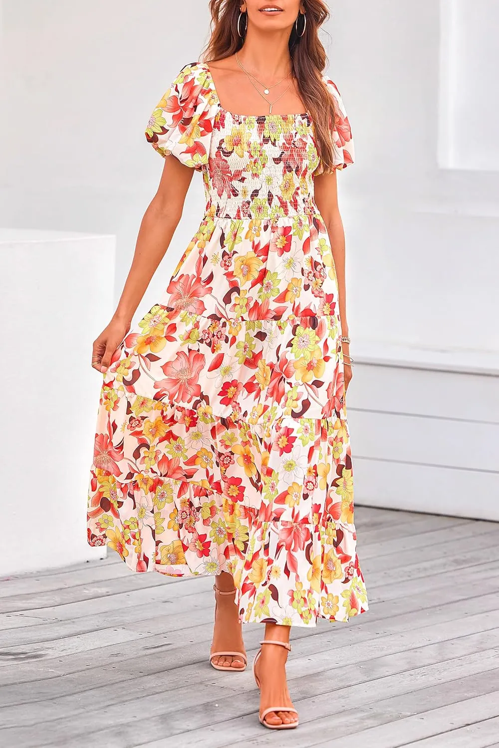 PRETTYGARDEN Women's 2025 Summer Casual Midi Dress Puffy Short Sleeve Square Neck Smocked Tiered Ruffle Dresses