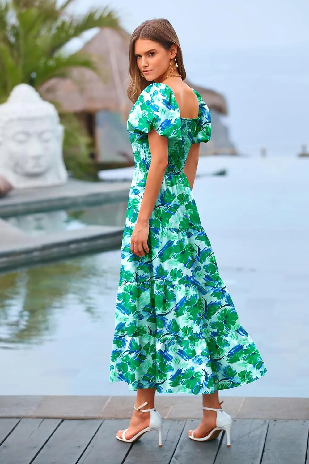 PRETTYGARDEN Women's 2025 Summer Casual Midi Dress Puffy Short Sleeve Square Neck Smocked Tiered Ruffle Dresses