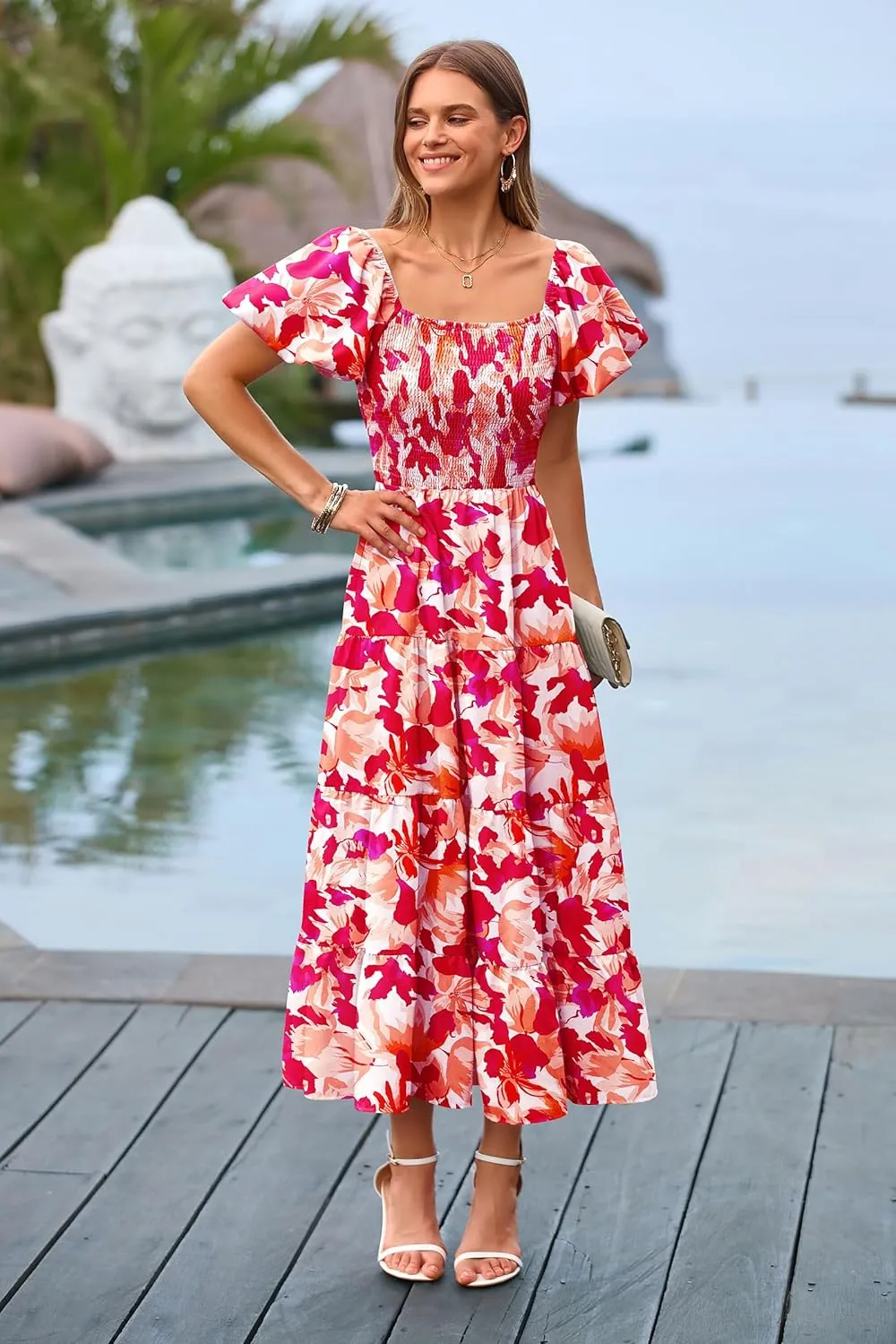 PRETTYGARDEN Women's 2025 Summer Casual Midi Dress Puffy Short Sleeve Square Neck Smocked Tiered Ruffle Dresses