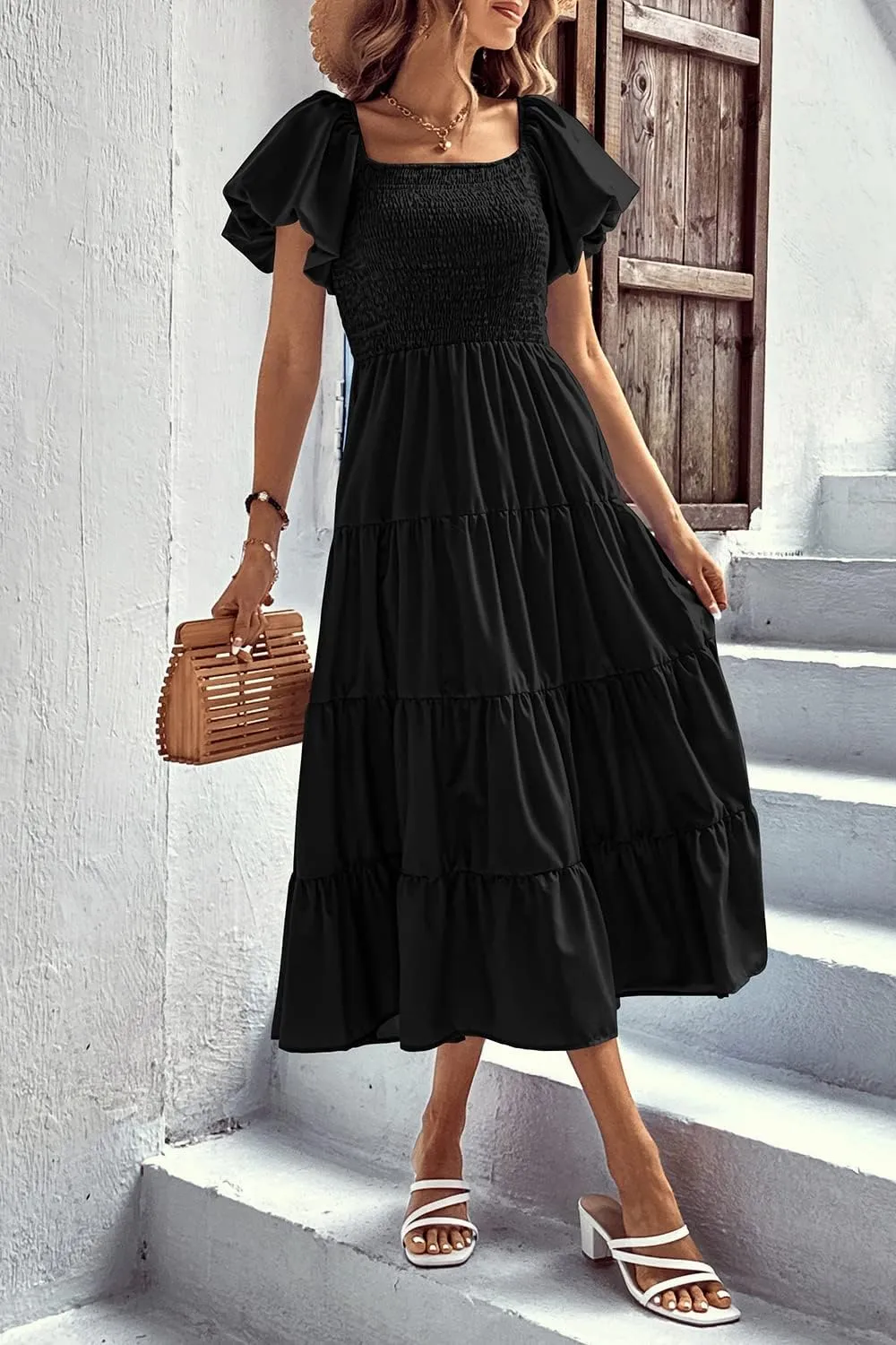 PRETTYGARDEN Women's 2025 Summer Casual Midi Dress Puffy Short Sleeve Square Neck Smocked Tiered Ruffle Dresses