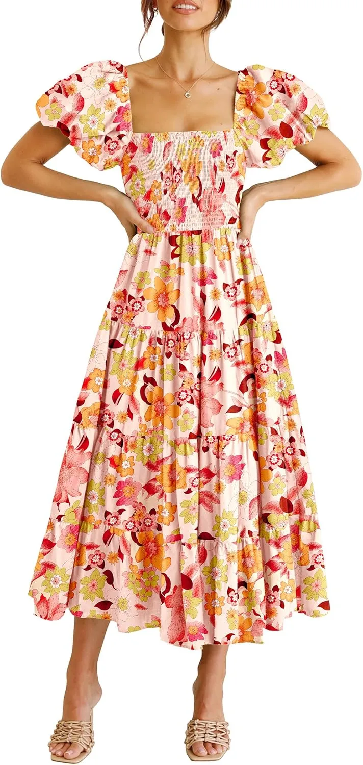 PRETTYGARDEN Women's 2025 Summer Casual Midi Dress Puffy Short Sleeve Square Neck Smocked Tiered Ruffle Dresses