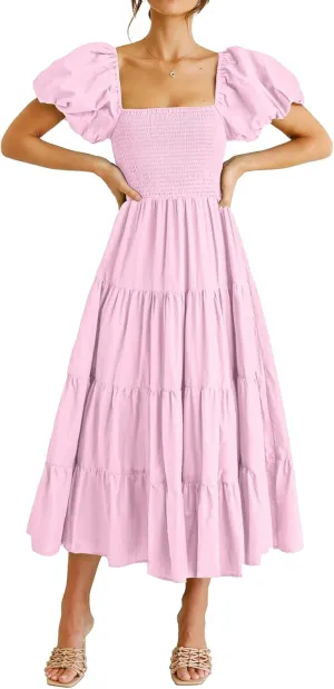 PRETTYGARDEN Women's 2025 Summer Casual Midi Dress Puffy Short Sleeve Square Neck Smocked Tiered Ruffle Dresses